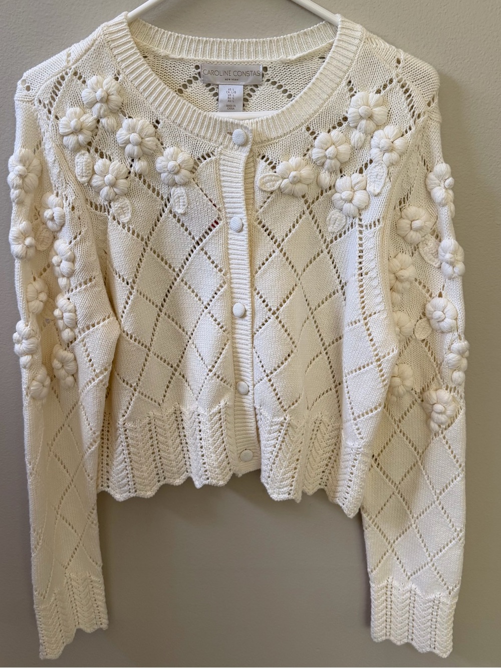 Caroline Constas Cream Ivory Floral-Bobble Knit Cardigan Sz L